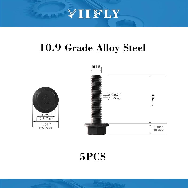 YIIFLY M12 x 40mm Flanged Hex Head Bolts Flange Hexagon Screws, M12x1.75 Bolt, 10.9 Grade Alloy Steel, Hexagon Head Bolts, Black Zinc Finish, Full Thread, Quantity 5 - Image 2